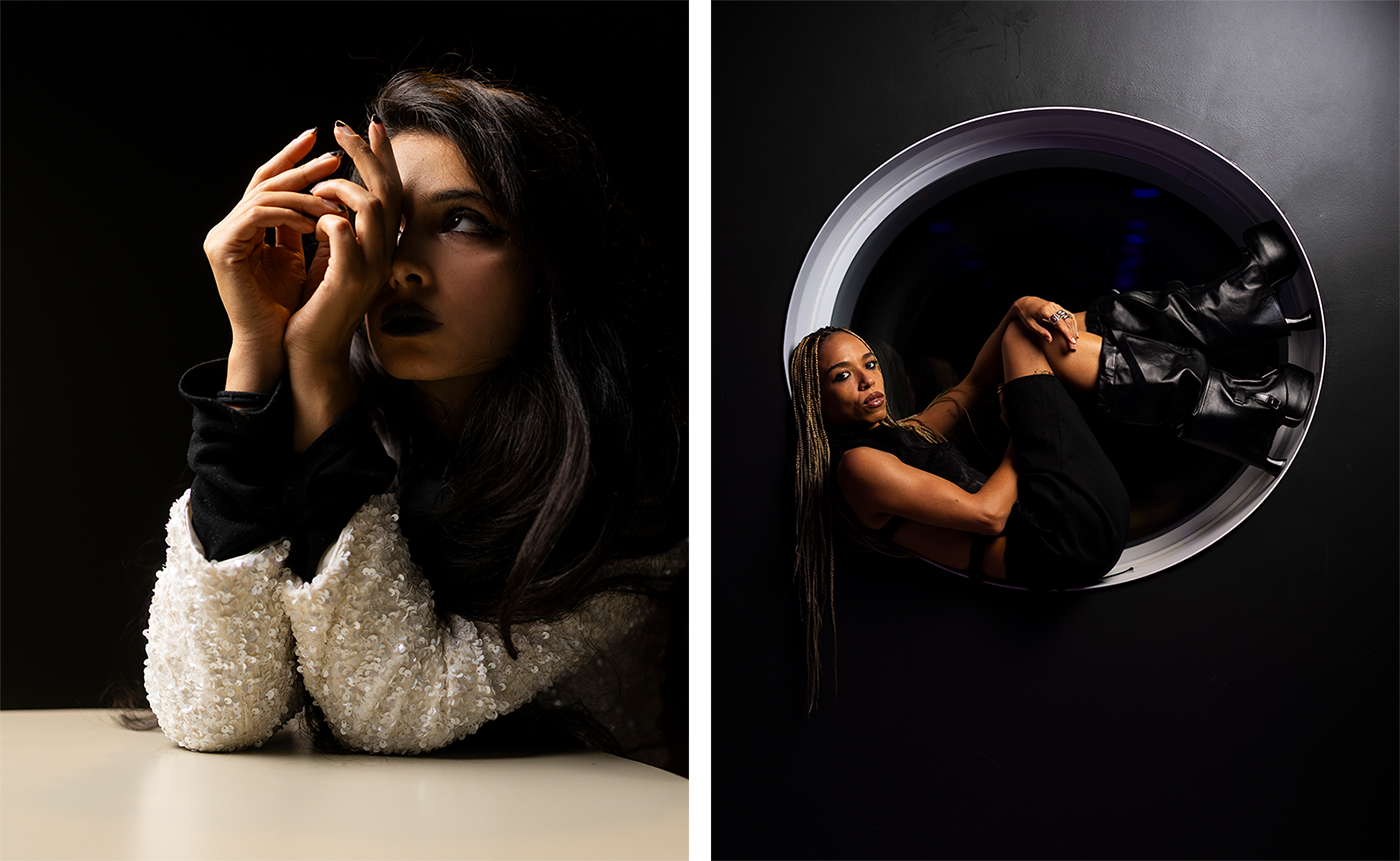 These are two portraits. The first photo shows Sheherazaad. She is leaning on a table with her arms. She holds her hands just in front of her face, making it only partly visible. In the second photo, you see Zsela. She is lying in a round window and looking directly into the camera.